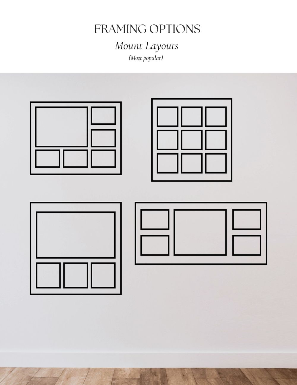 Four minimalist wall gallery layout diagrams showing different framing options and arrangements for Mount Laysurs artwork.