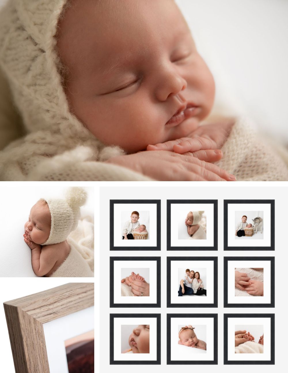 Collection of soft and gentle newborn photography showing tiny details and peaceful sleeping poses on neutral backgrounds.