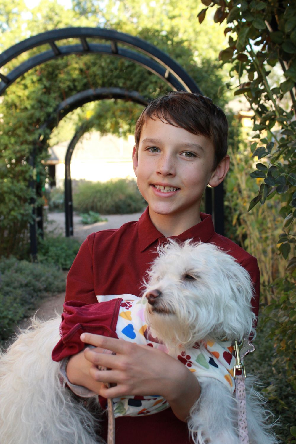 A white fluffy dog being held and cuddled outdoors with trees and greenery in the background.