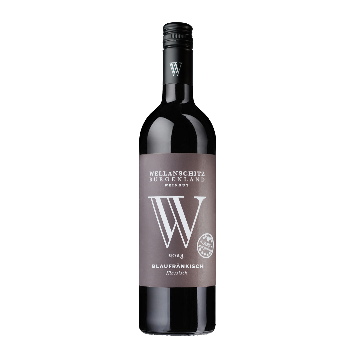Wellanschitz Burgenland 2023 Blaufränkisch red wine bottle with elegant gray label.