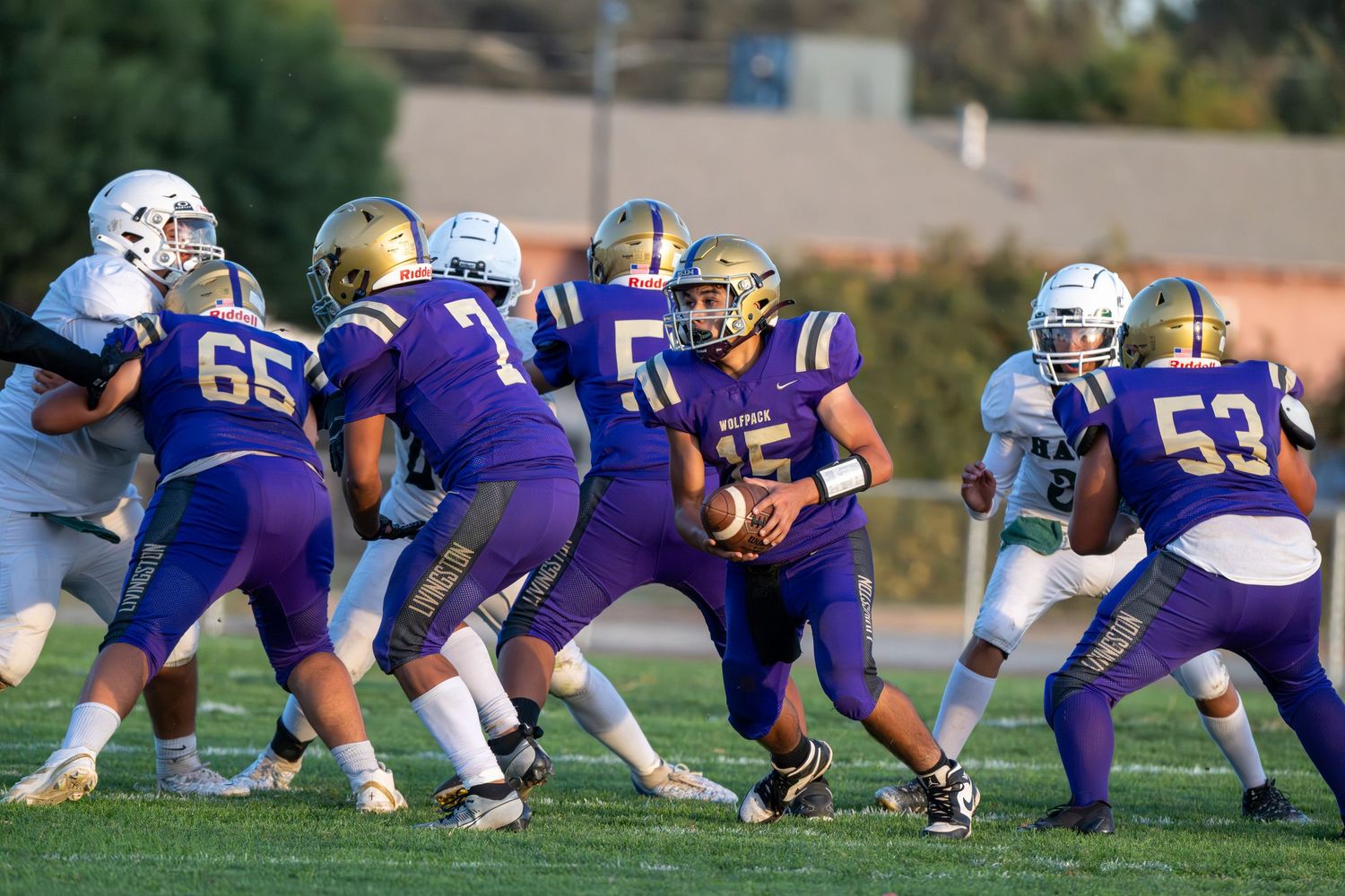Offensive and defensive lines clash during a football play with players in purple and white uniforms.