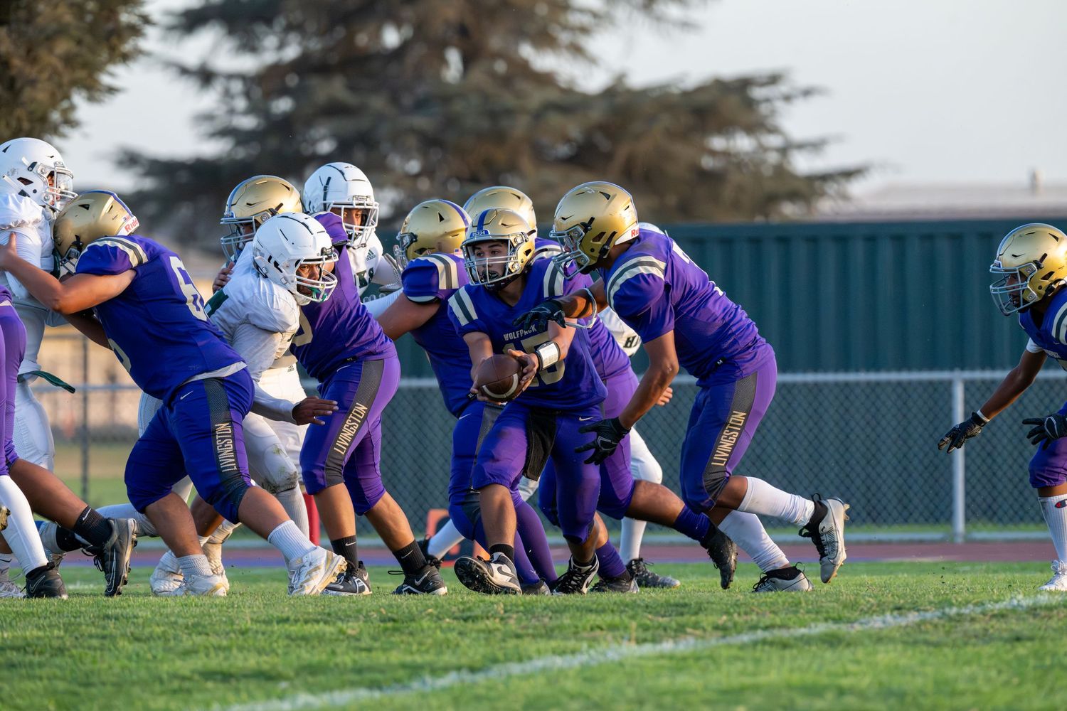Football teams in purple and white uniforms battle at the line of scrimmage during a play.