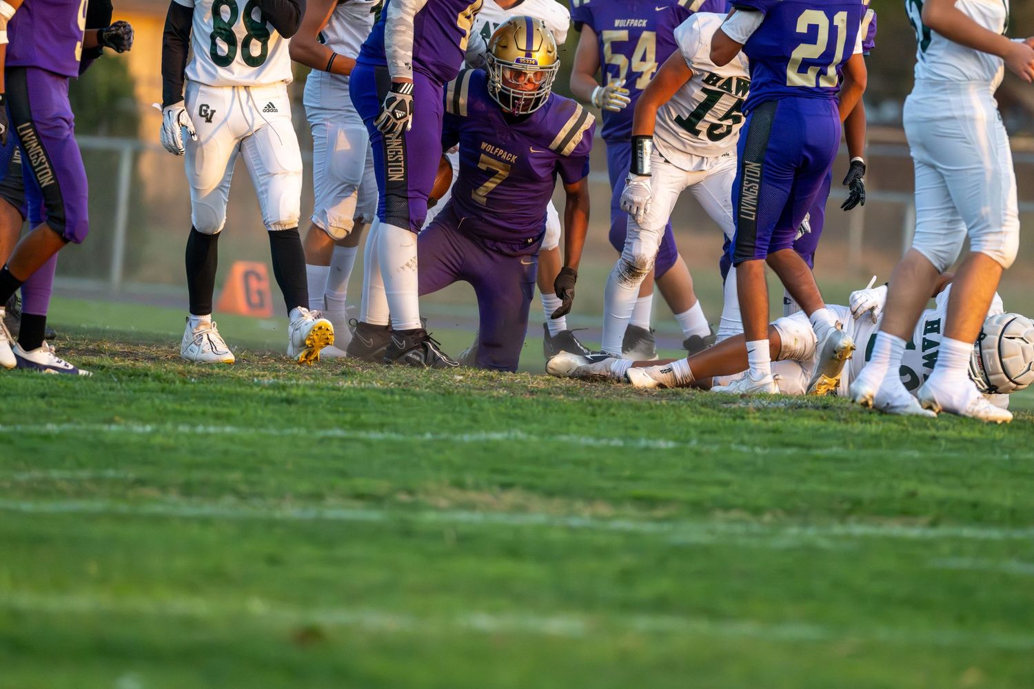 Football players lined up on sideline wearing purple and white uniforms during game.
