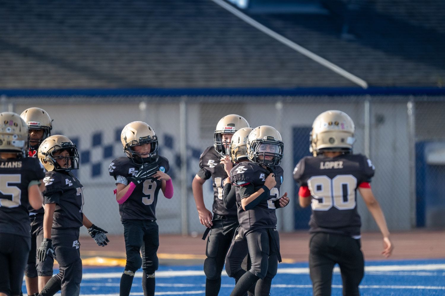 Football players in dark uniforms spread out in defensive formation during game.