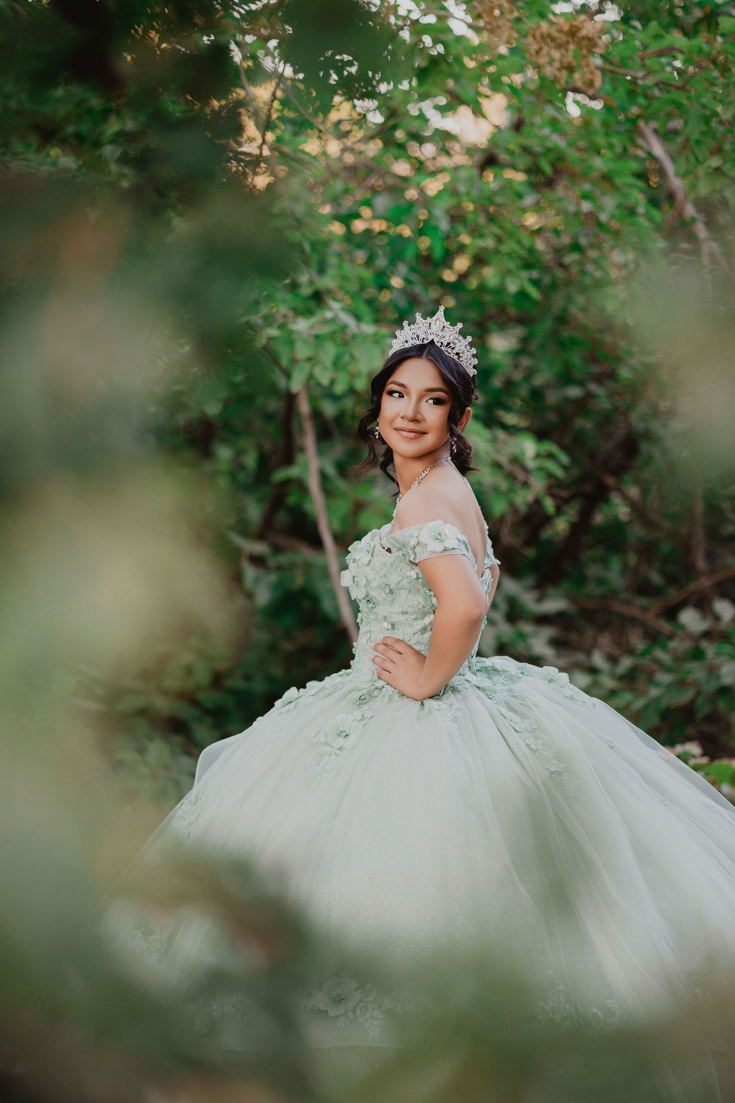 A princess ball gown with delicate details photographed through dreamy foliage.
