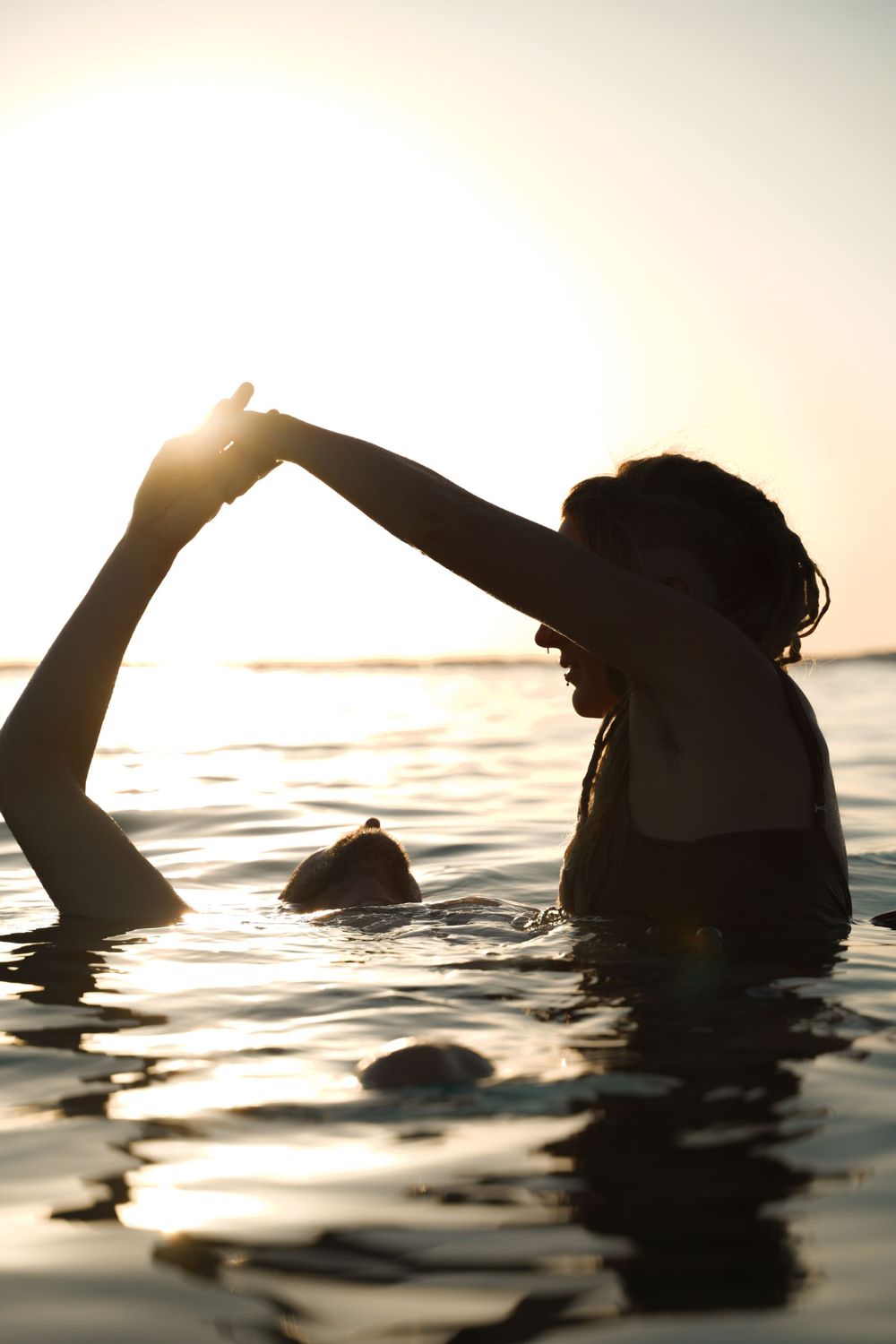 Silhouettes of swimmers in water at sunset with glowing light reflections.