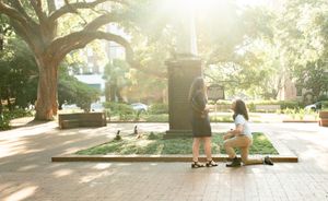 Person relaxing in a sunlit park with ducks near a monument on a peaceful morning.