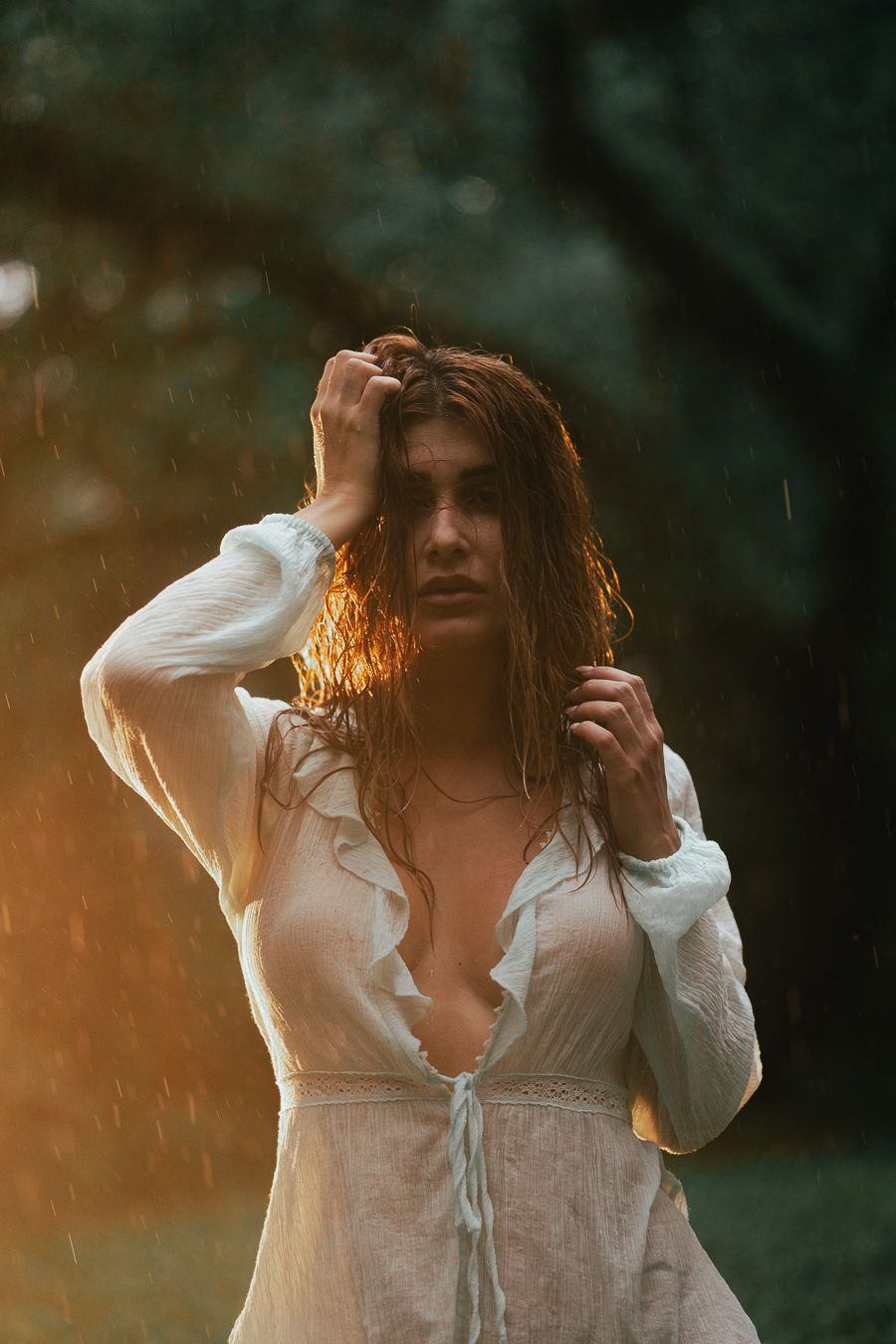 Editorial fashion portrait in Miami, woman in lace white dress styled like Zimmermann. Cinematic South Florida photography by MannyPortraits