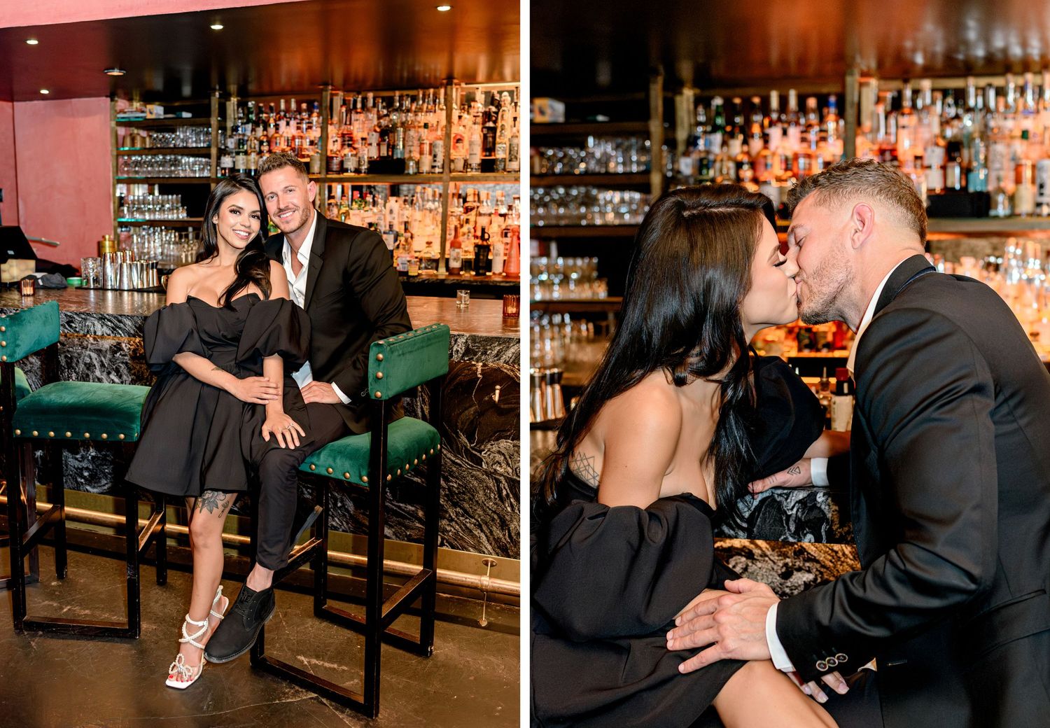 Romantic bar setting with guests wearing black formal attire seated at an illuminated bar with shelves of bottles.