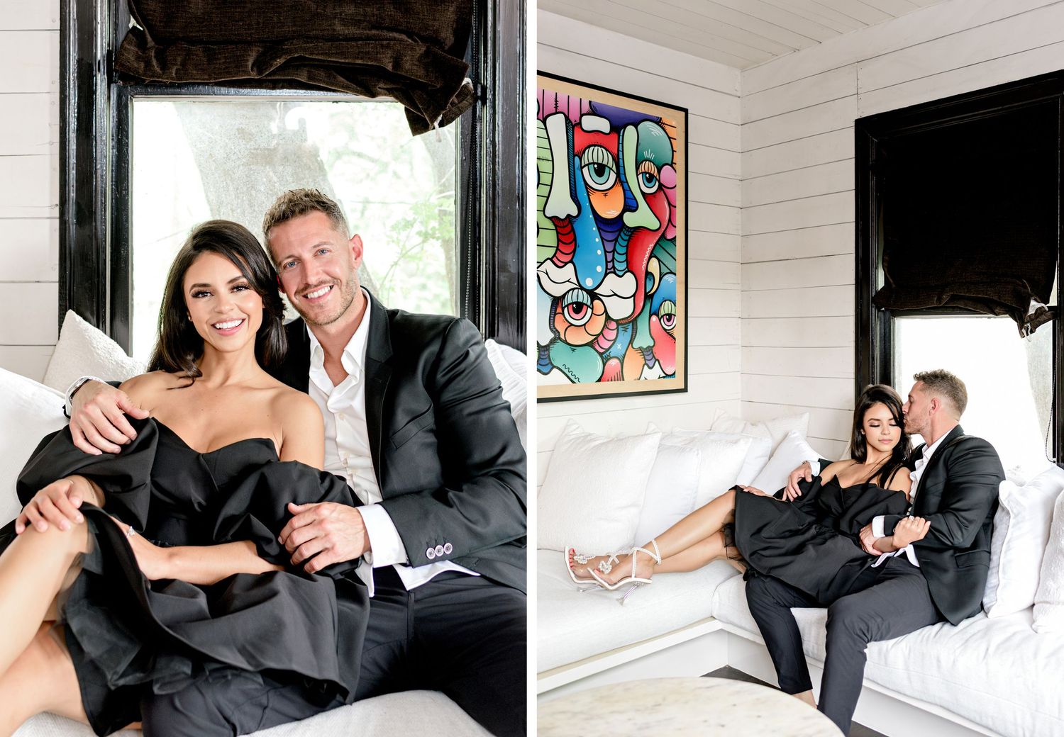 Romantic black and white wedding photo collage showing couple in formal attire sharing candid moments together.