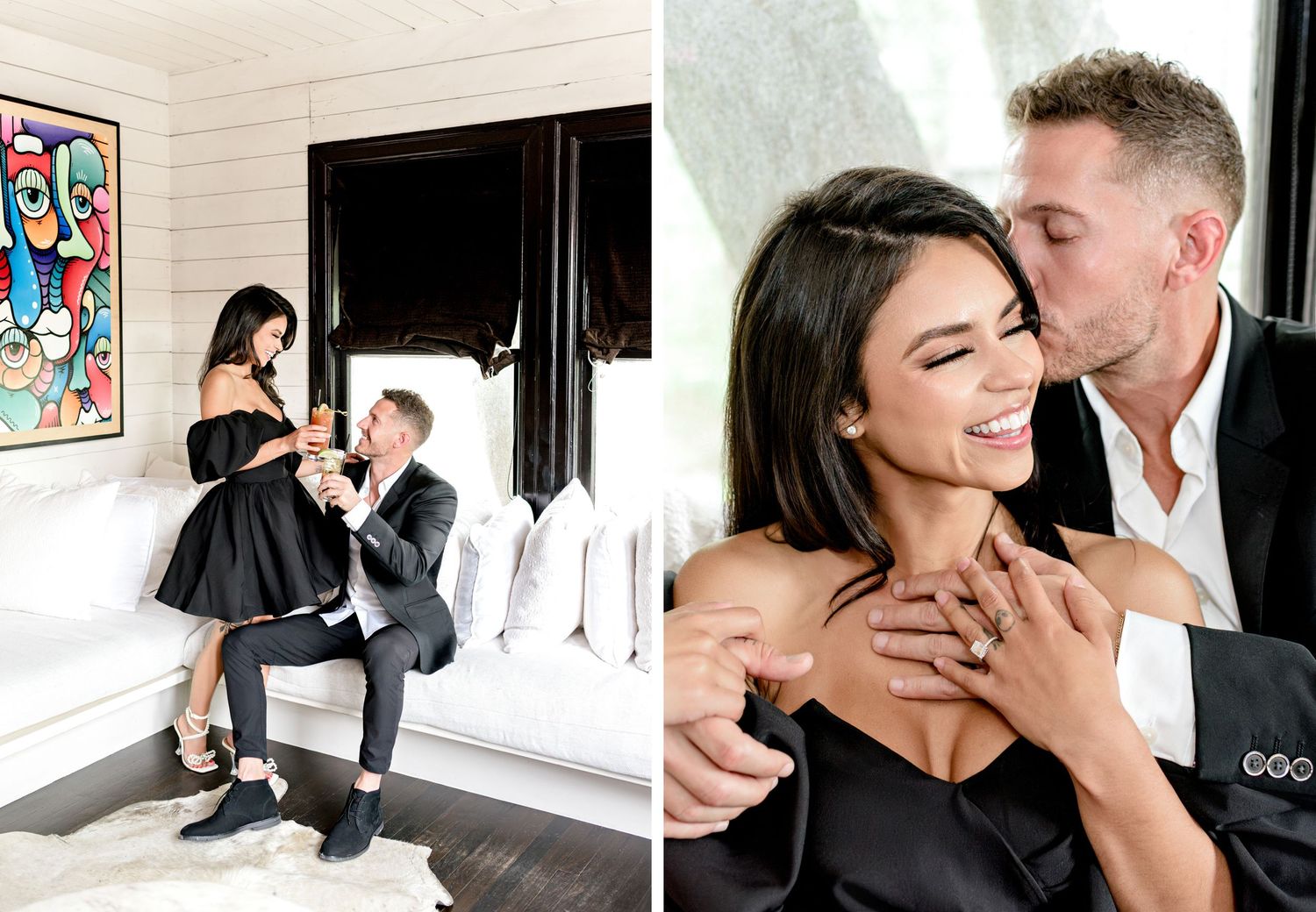 A series of romantic black and white wedding photos showing intimate moments between newlyweds in an indoor setting.