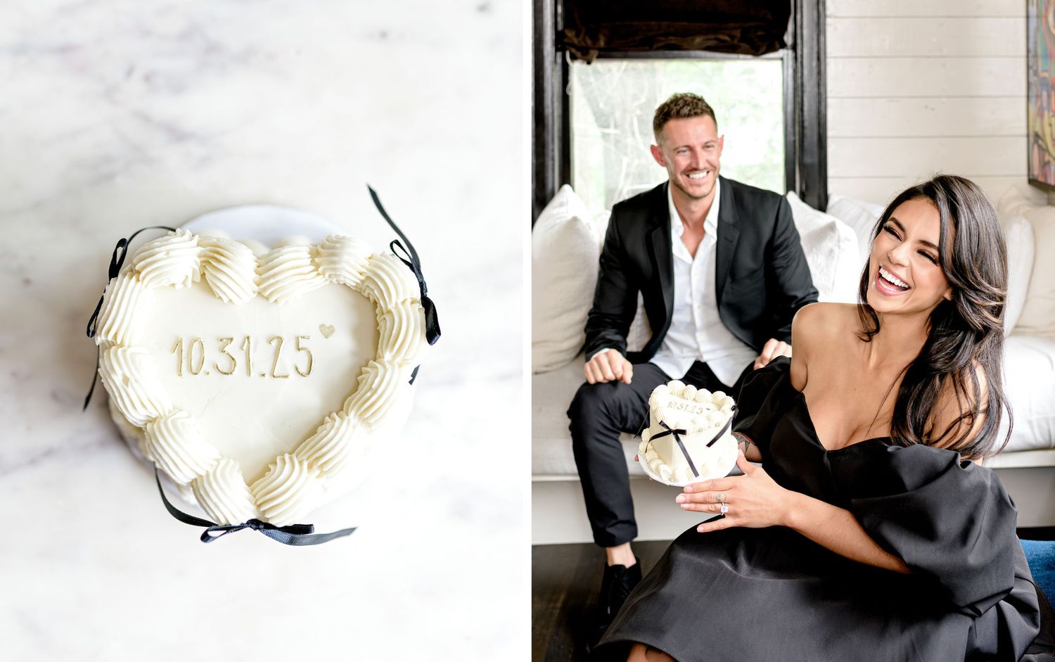 A wedding date written on a heart-shaped ring pillow alongside a formal couple holding their pet dog.