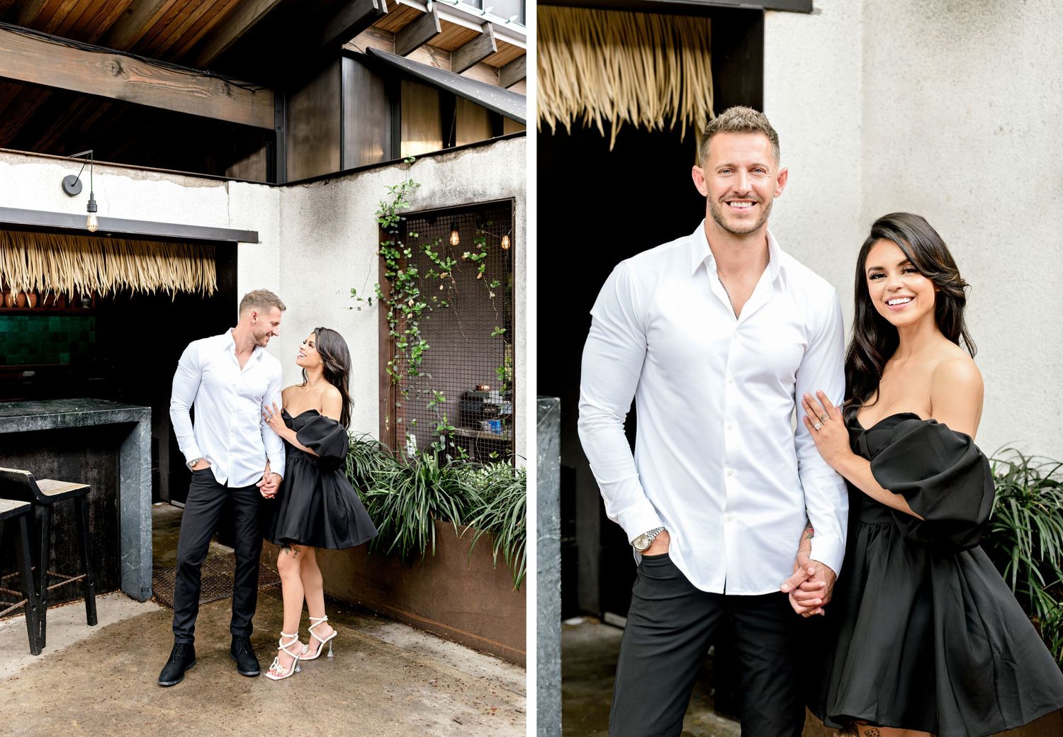 A romantic engagement photoshoot sequence captured outside a modern home with elegant black and white attire.