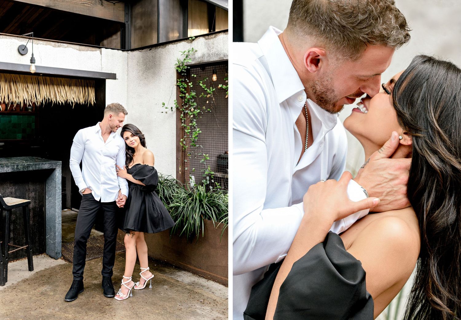 A couple in formal wear share two romantic moments together at an outdoor venue with tropical decor.