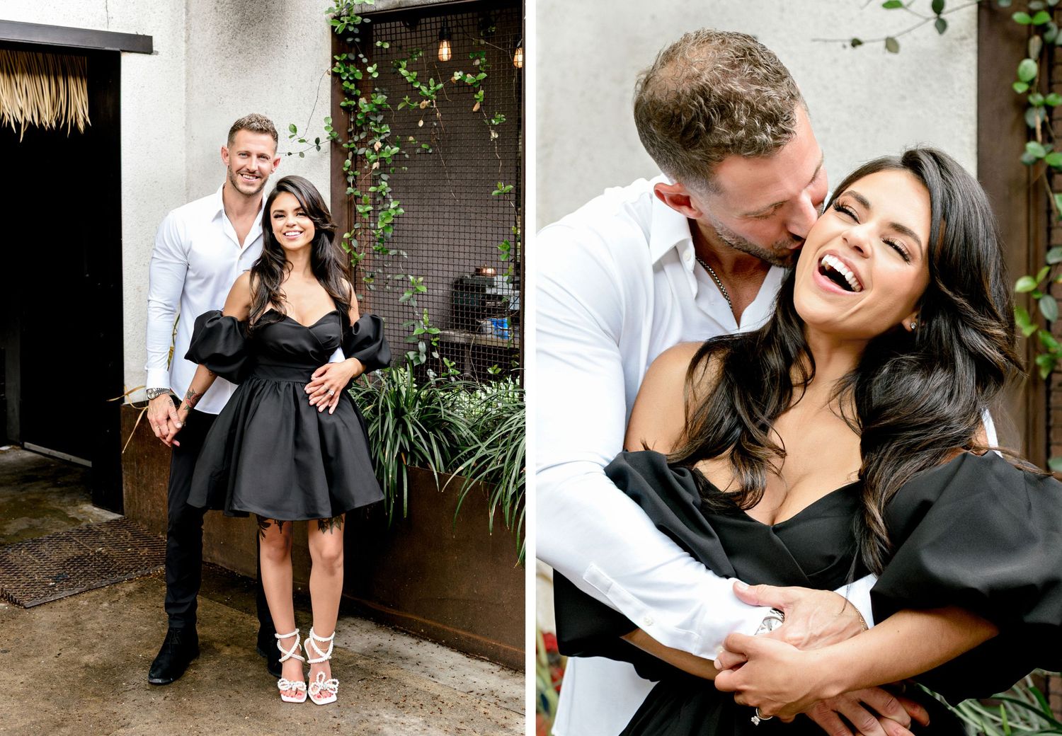 Couple shares joyful moment together while wearing contrasting black dress and white shirt in outdoor setting.
