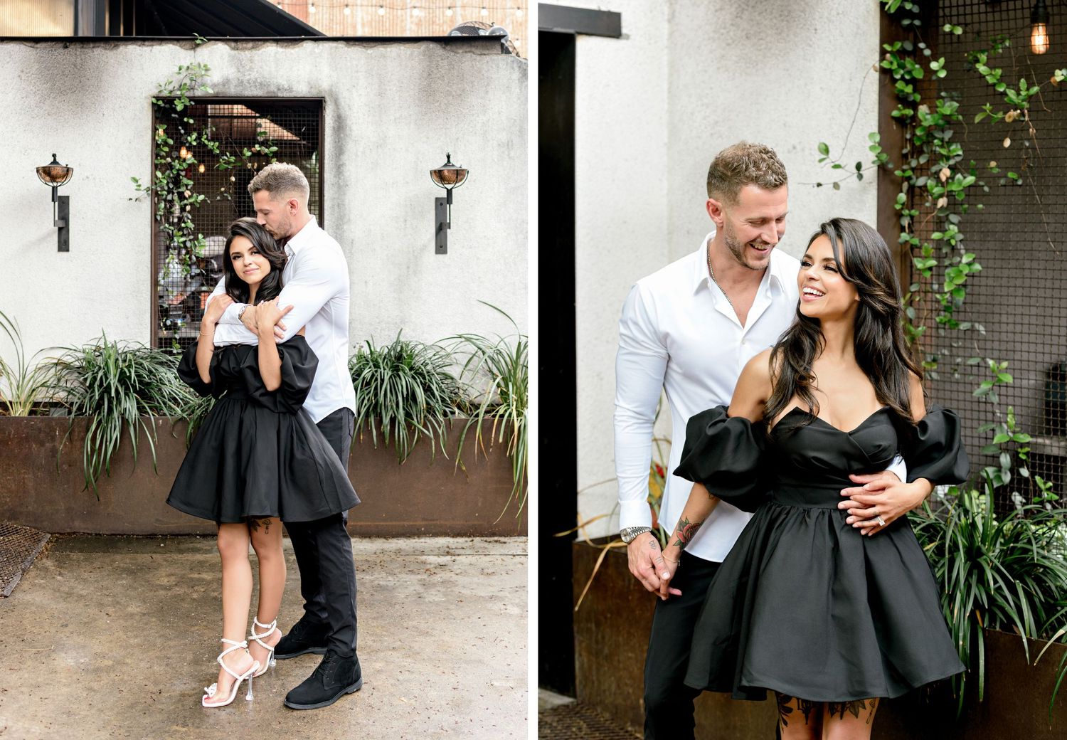A couple in formal attire share an intimate moment together outside a Mission-style building with white walls and green plants.