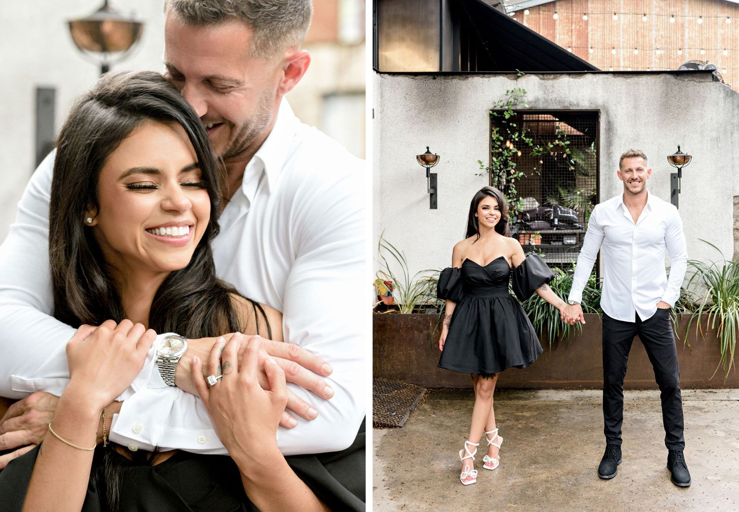 Collage showing intimate moments and full-length poses against industrial backdrop.