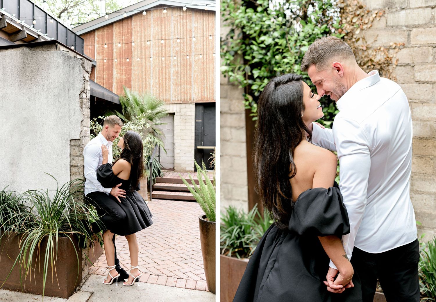 A couple embraces in a romantic moment by a stone wall with greenery while another couple stands on brick steps nearby.