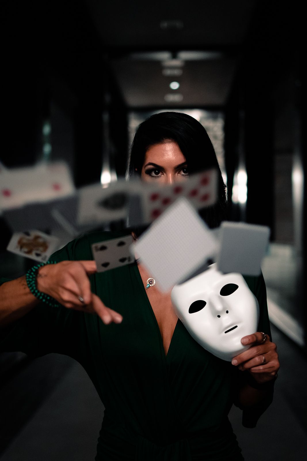 Cinematic Miami portrait with theater masks, editorial lighting inspired by Phantom of the Opera, acting schools styled by MannyPortraits.