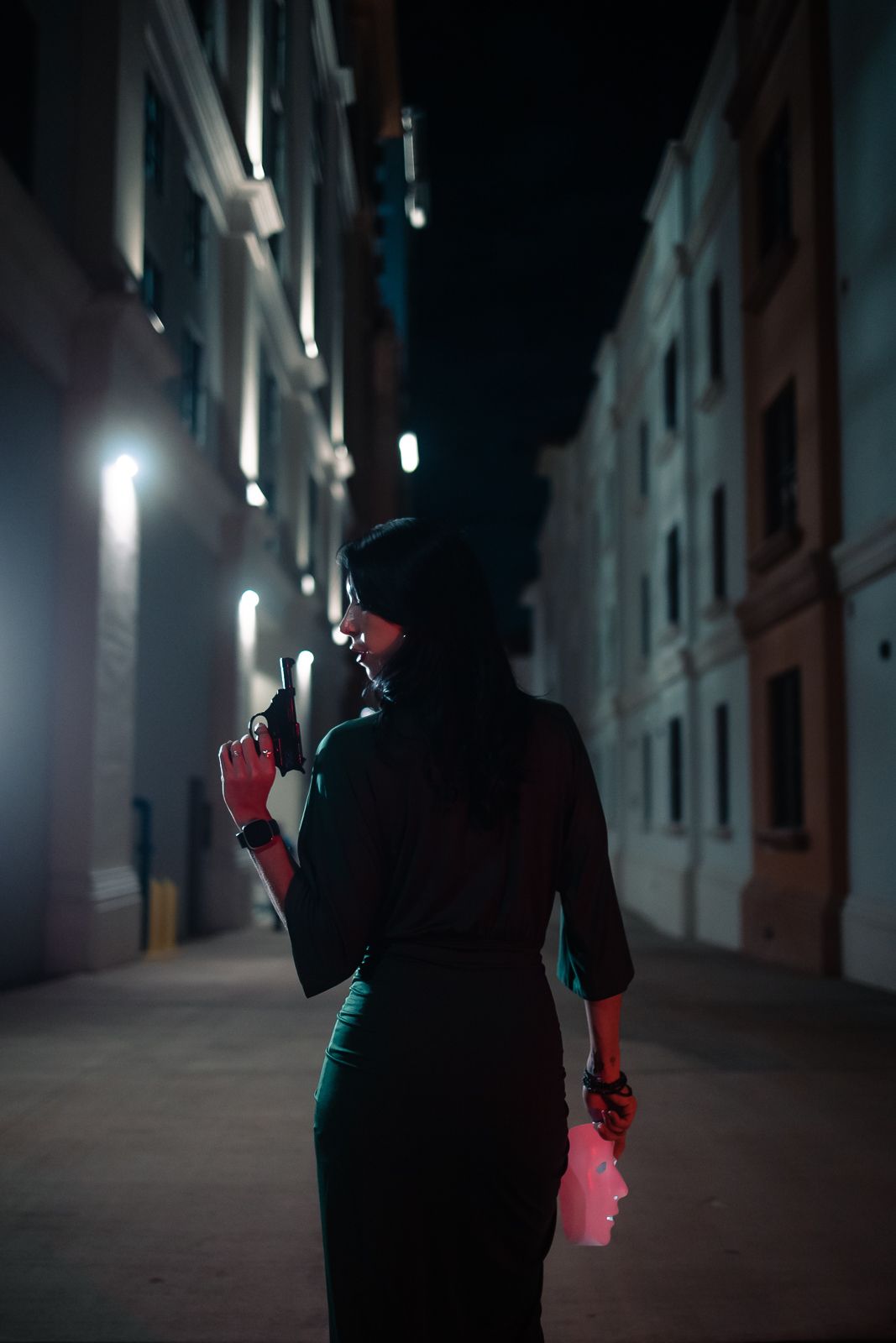 Cinematic Miami street portrait at night, moody editorial lighting styled for indie film actors and performers by MannyPortraits.