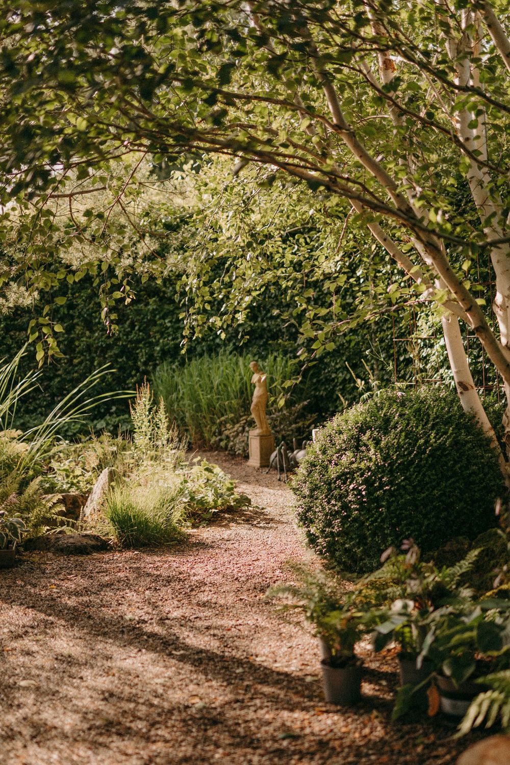 A winding garden path lined with lush greenery and overhanging tree branches in soft afternoon sunlight.