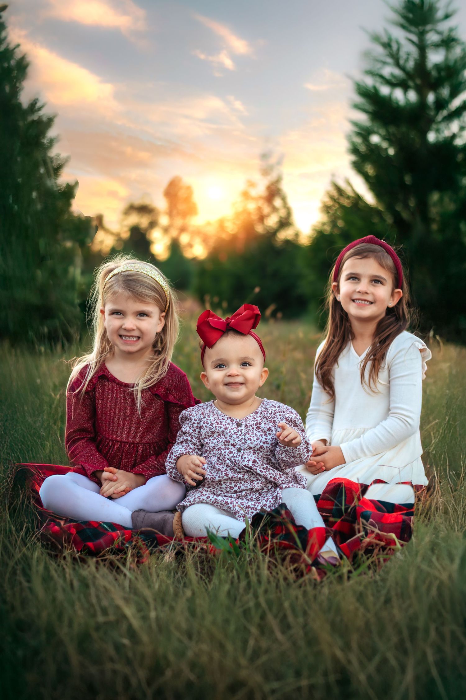 Three sisters sit on grass with evergreen trees in the background during Christmas mini session - Athens Family Photographer