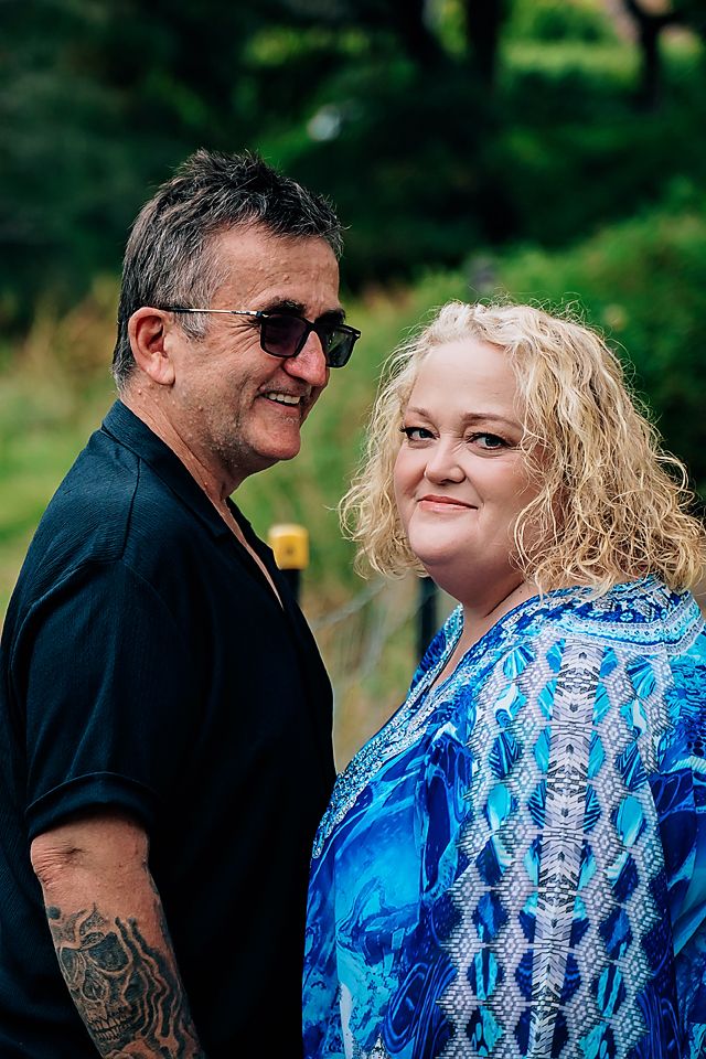 A series of candid outdoor photographs featuring a couple in casual attire with vibrant blue patterned clothing.