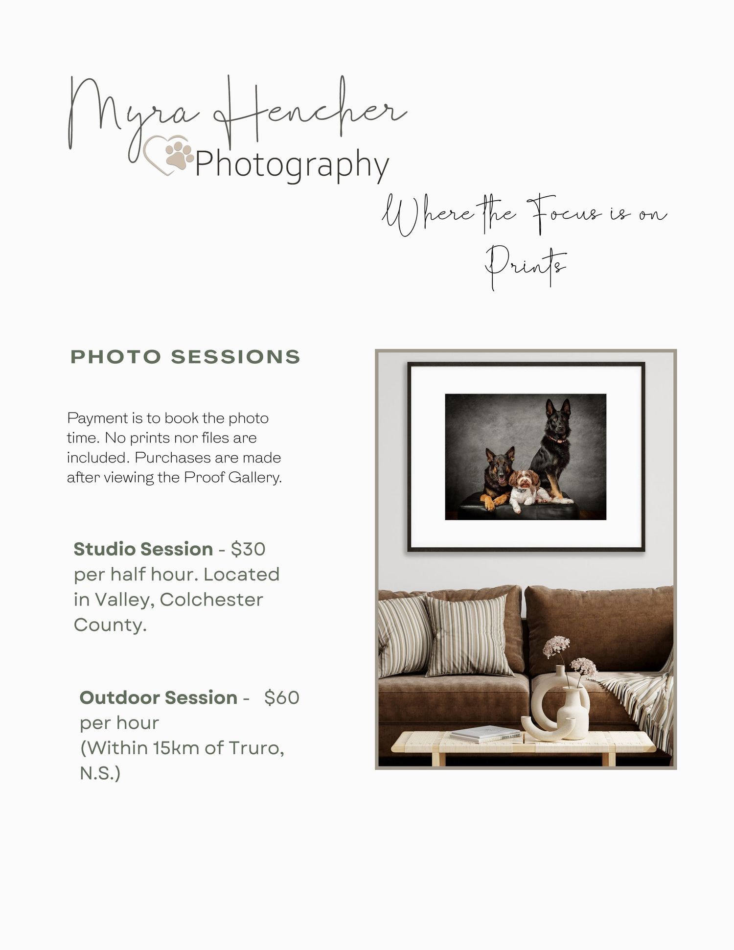 A professional photography pricing guide showing print products and photo session rates on a clean minimalist layout.
