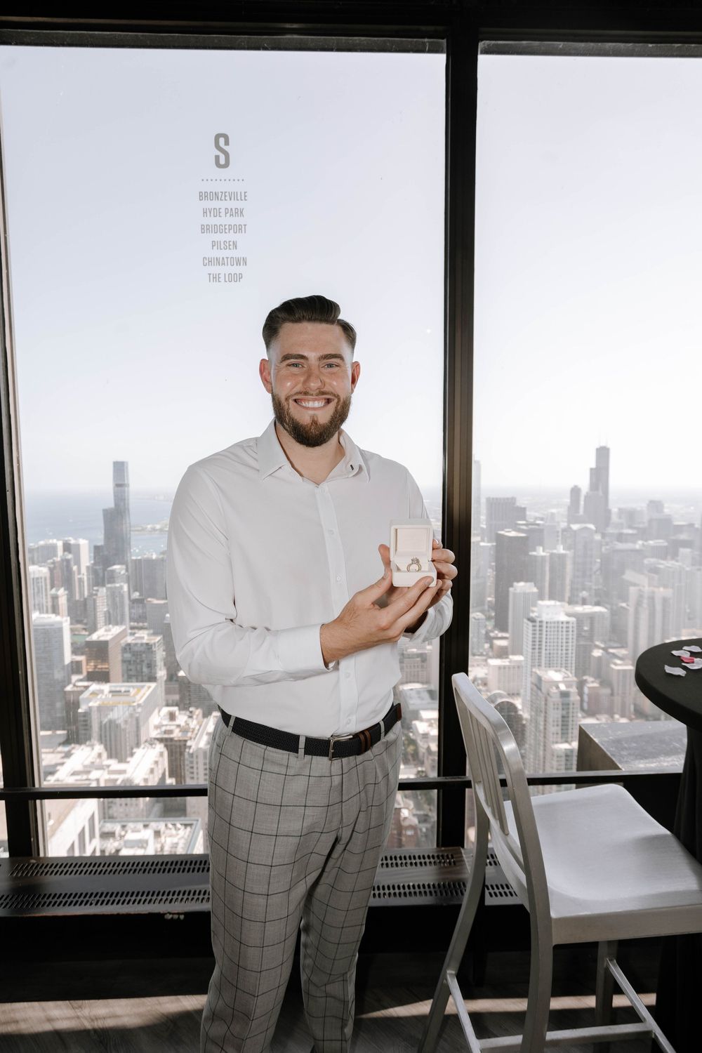 A series of photos showing a skyscraper observation deck with panoramic city views.