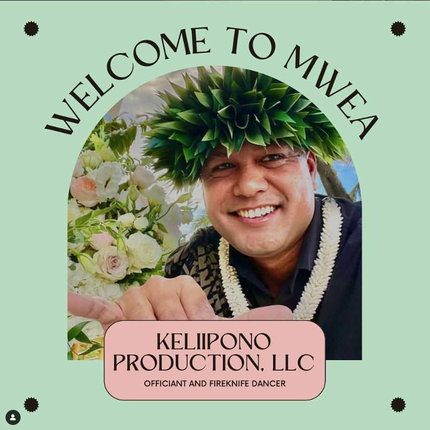 A business logo for Keliipono Production LLC featuring a welcome to Miwea message on a mint green background on Maui, Hawaii.