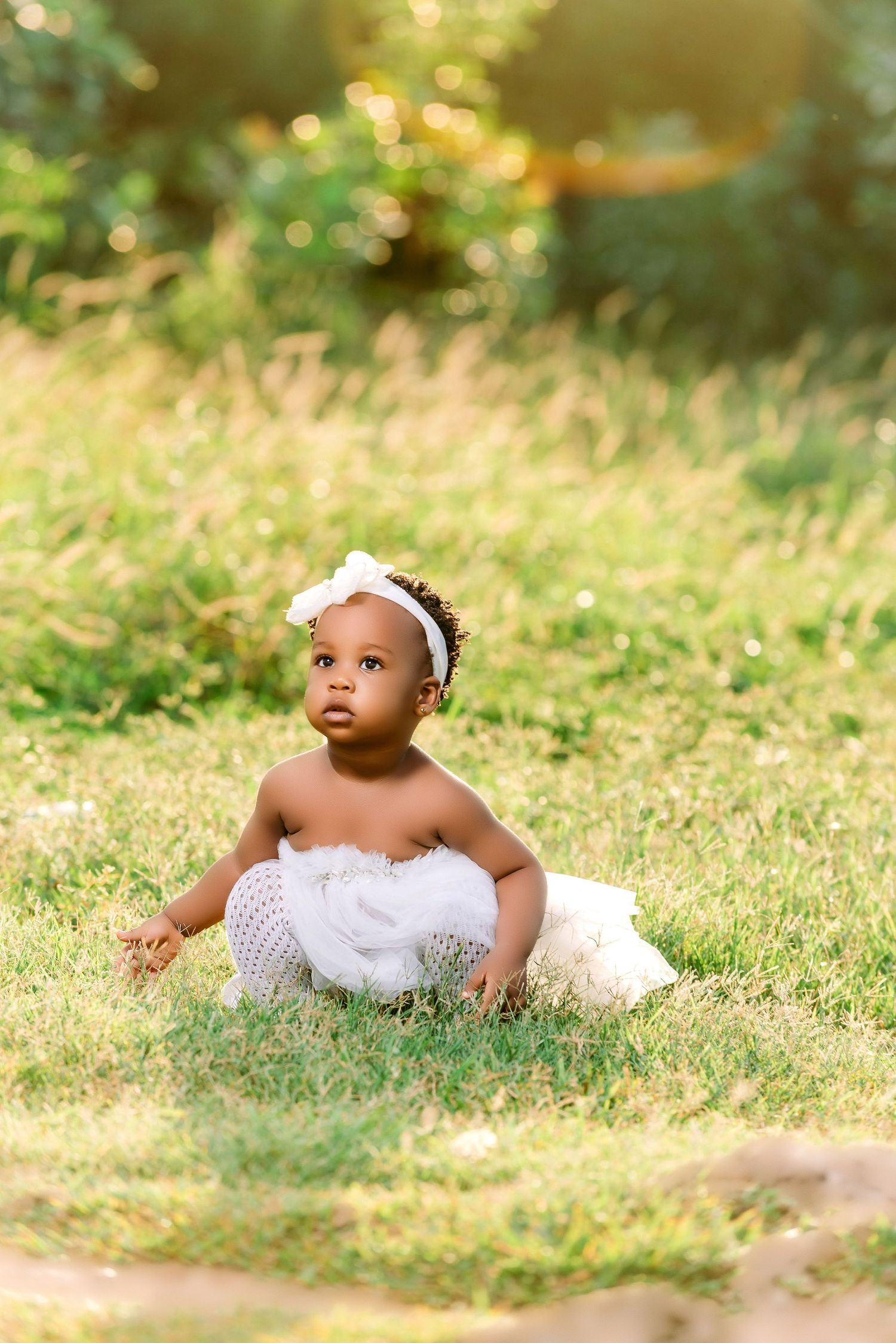 A baby in a white tulle dress sits on sunlit grass.