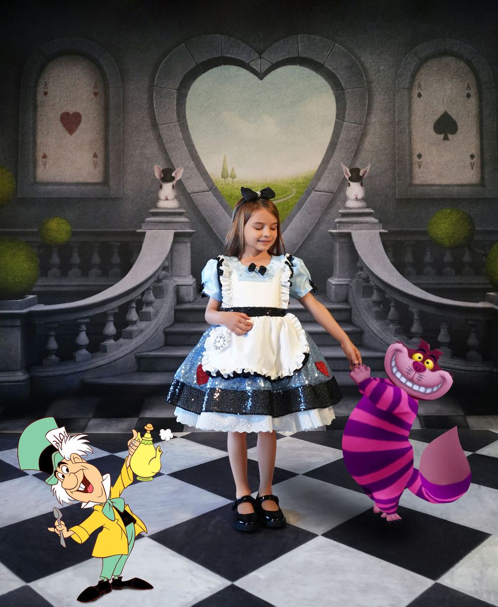 A whimsical Alice in Wonderland themed scene with checkerboard floor, heart doorway, and cartoon Cheshire Cat and Mad Hatter.