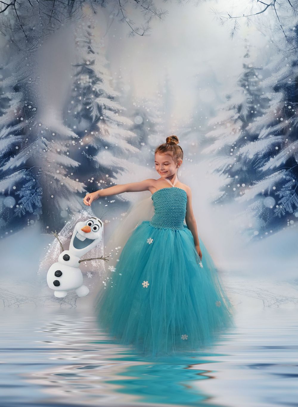 A magical winter scene with a teal tulle dress and snowman parts floating in a misty frozen wonderland setting.