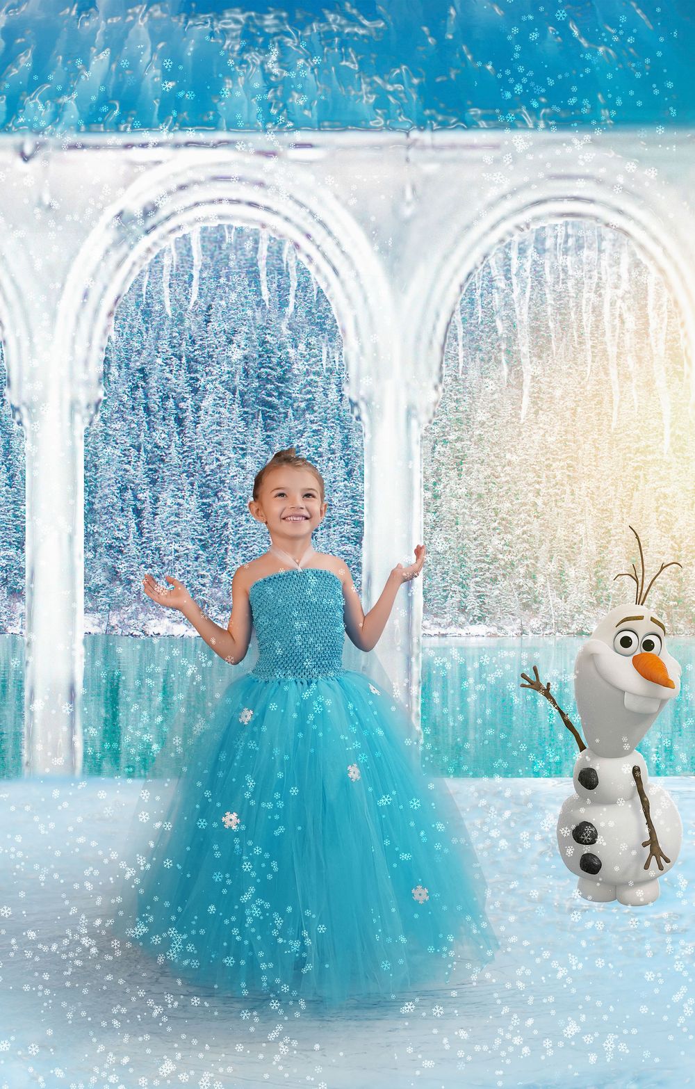 A magical winter scene with a sparkling blue dress and Olaf the snowman character against an icy palace backdrop.