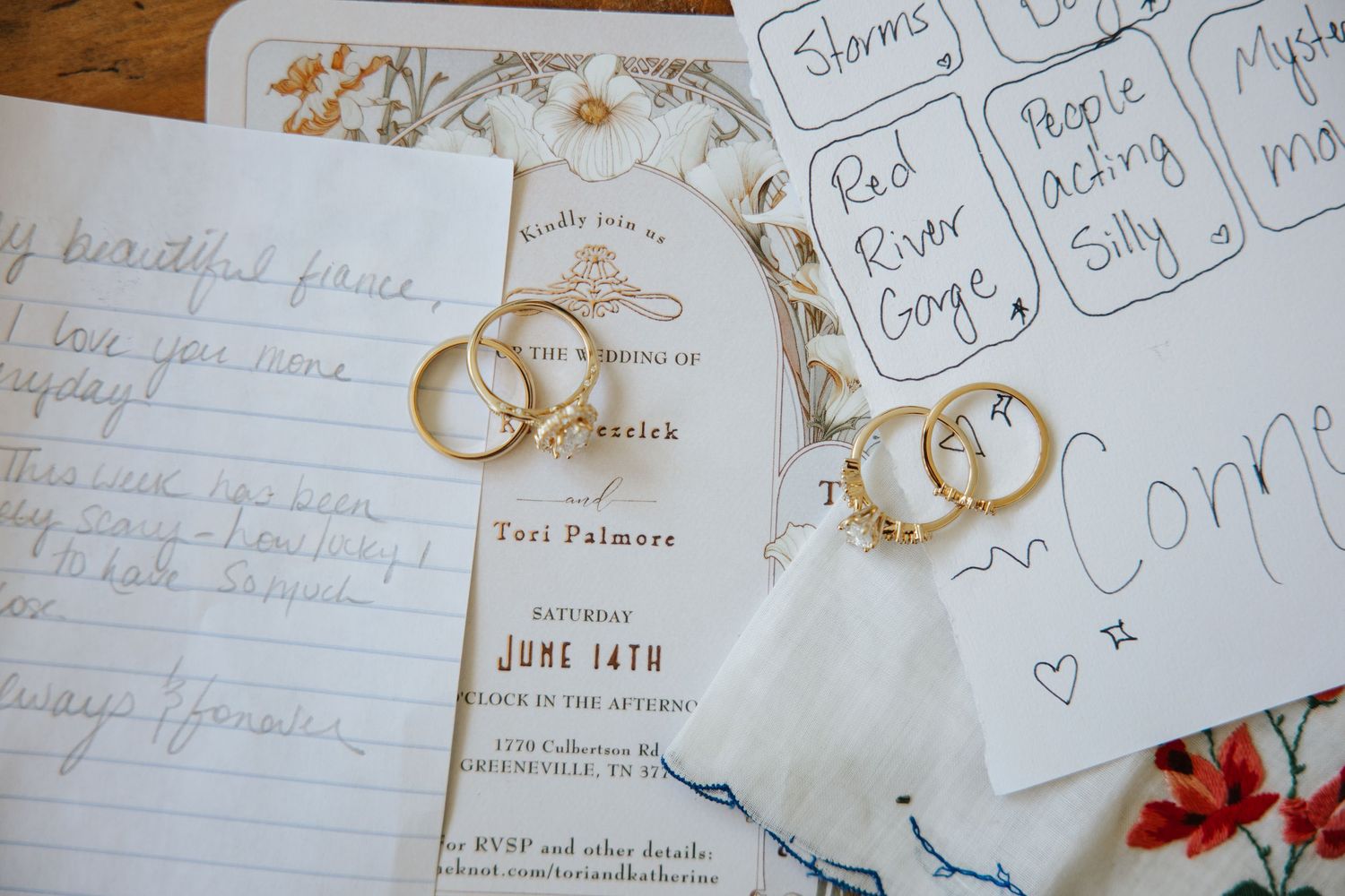 Gold wedding rings and engagement bands rest on handwritten wedding planning notes and paper.