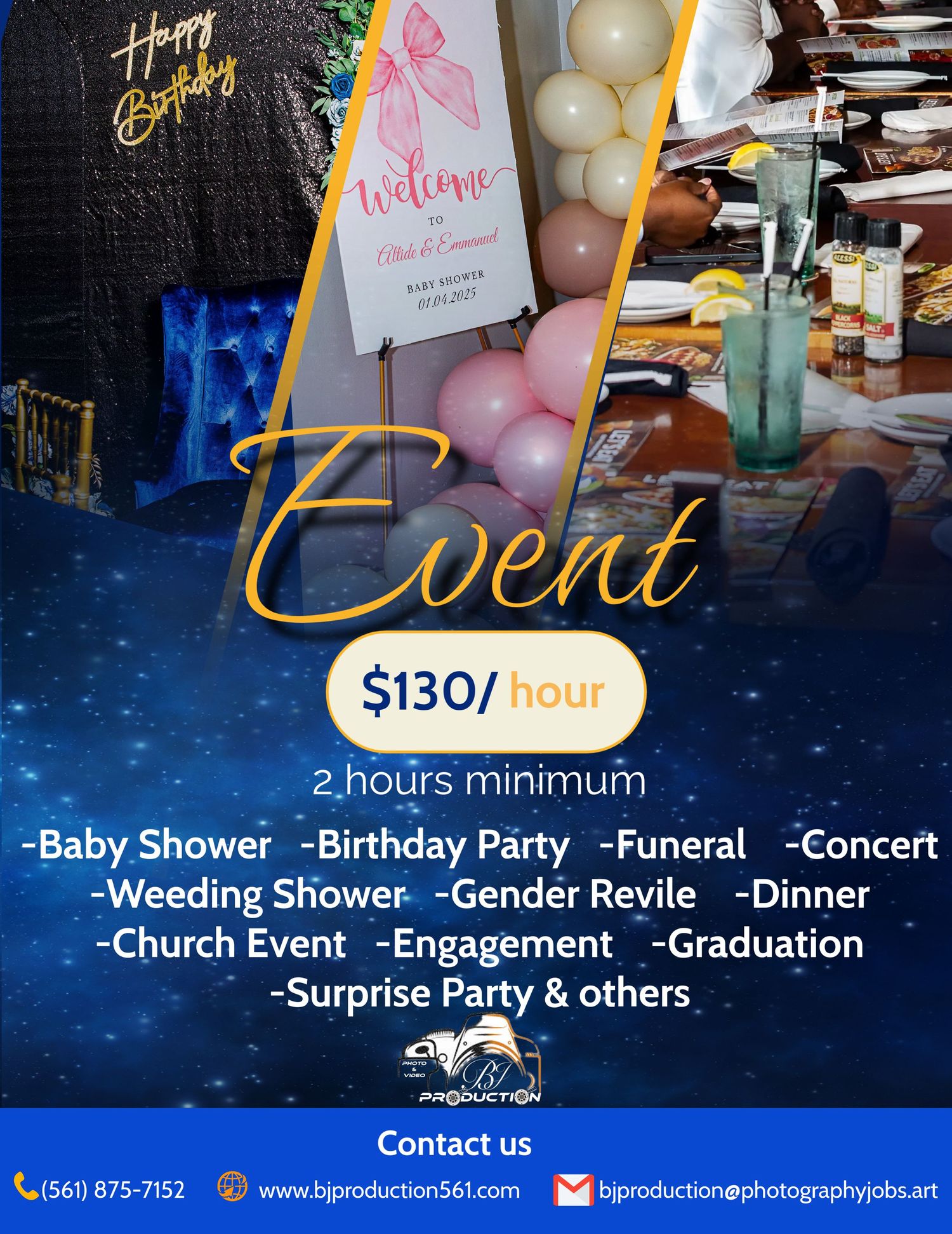 Event photography service advertisement listing various occasions and pricing details.