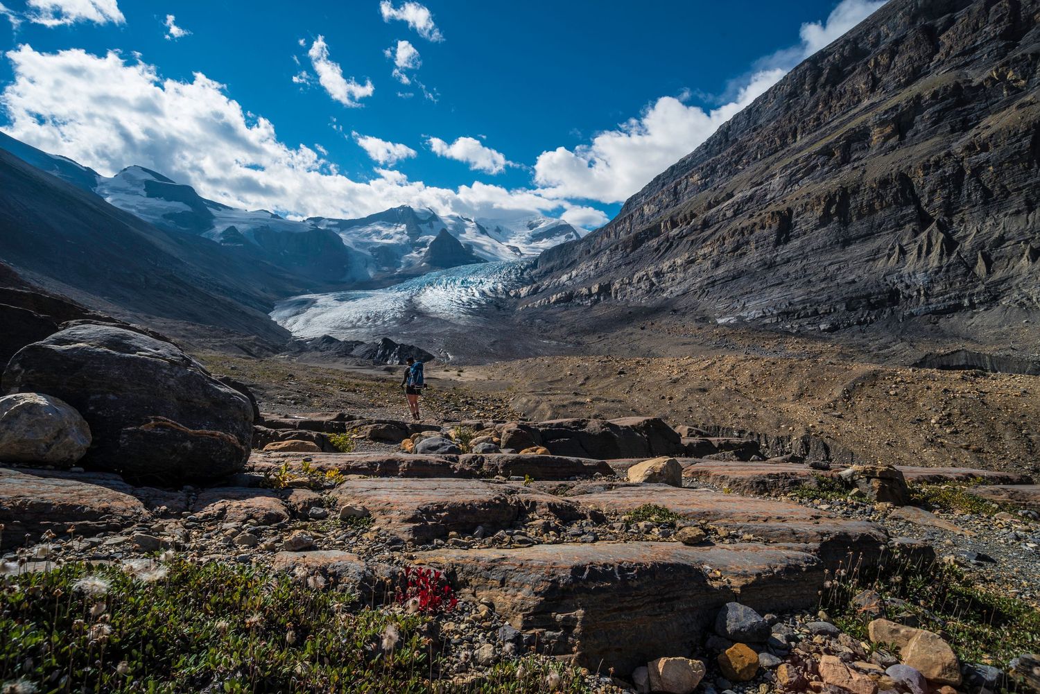 Rocky mountain trail overlooks distant glacier beneath dramatic blue sky and rugged peaks.