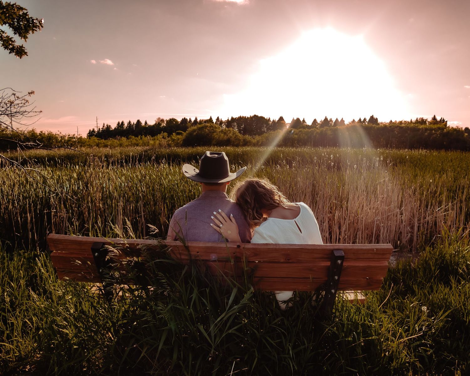 A couple embraces in a romantic outdoor photo session at sunset under a large tree in tall grass.