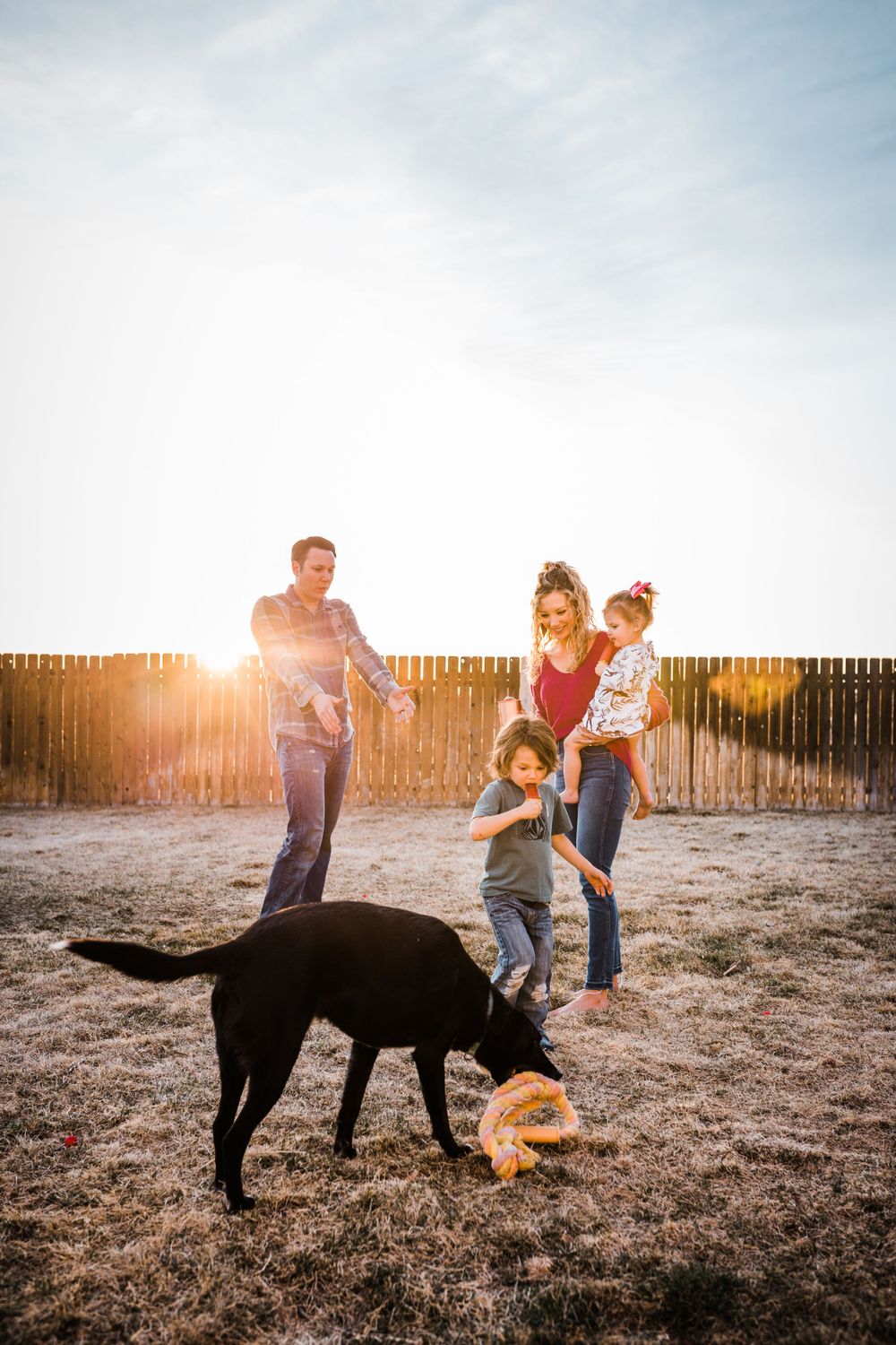 A family and their black Labrador play with a ball in a fenced backyard during golden hour sunset.