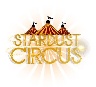 A vintage-style circus logo design featuring gold text reading 'Stardust Circus' with three red striped tent peaks above.