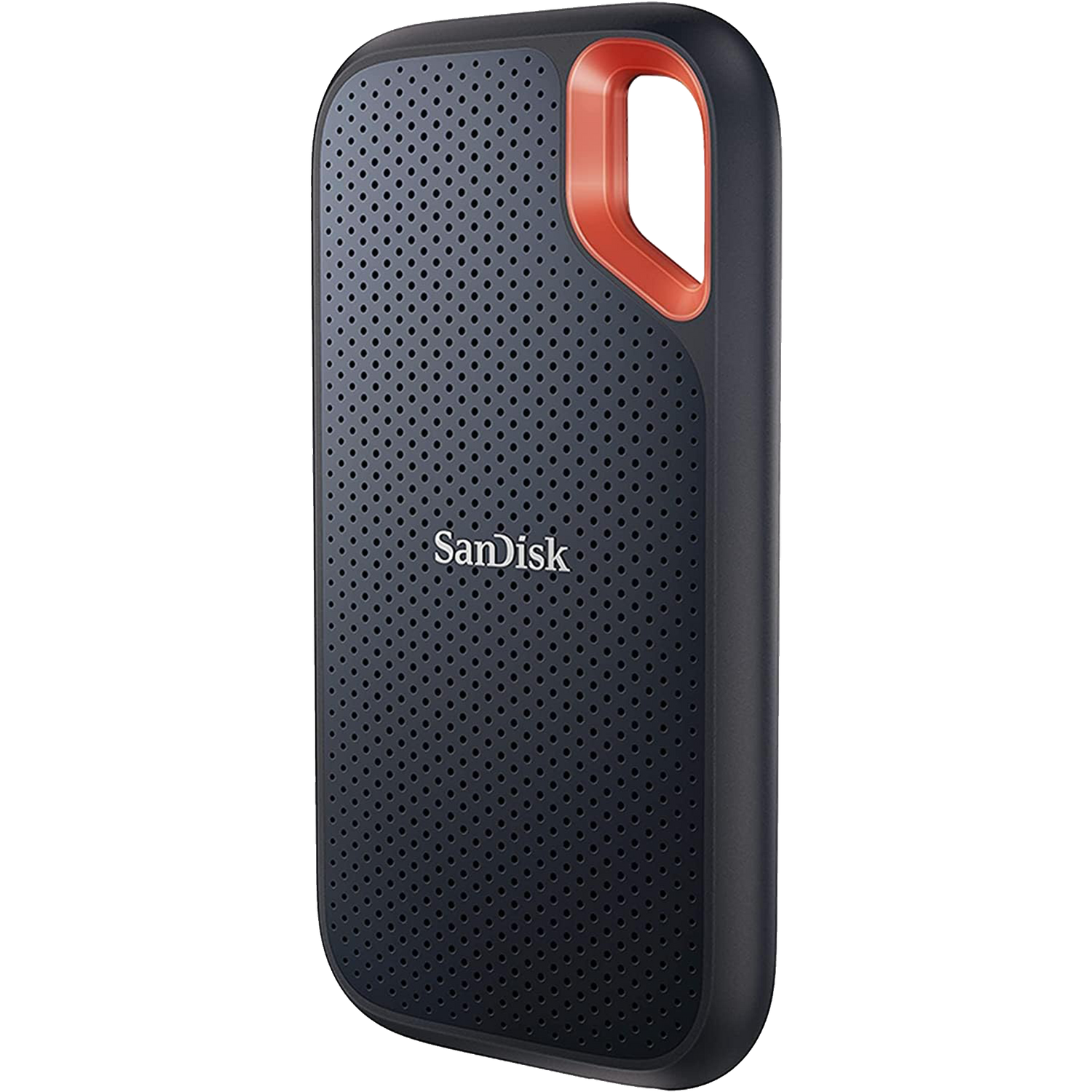 A black SanDisk portable SSD external hard drive with orange accent and textured surface design.