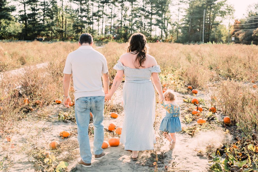 Three people walk through a pumpkin patch field on a sunny autumn day surrounded by scattered orange pumpkins.
