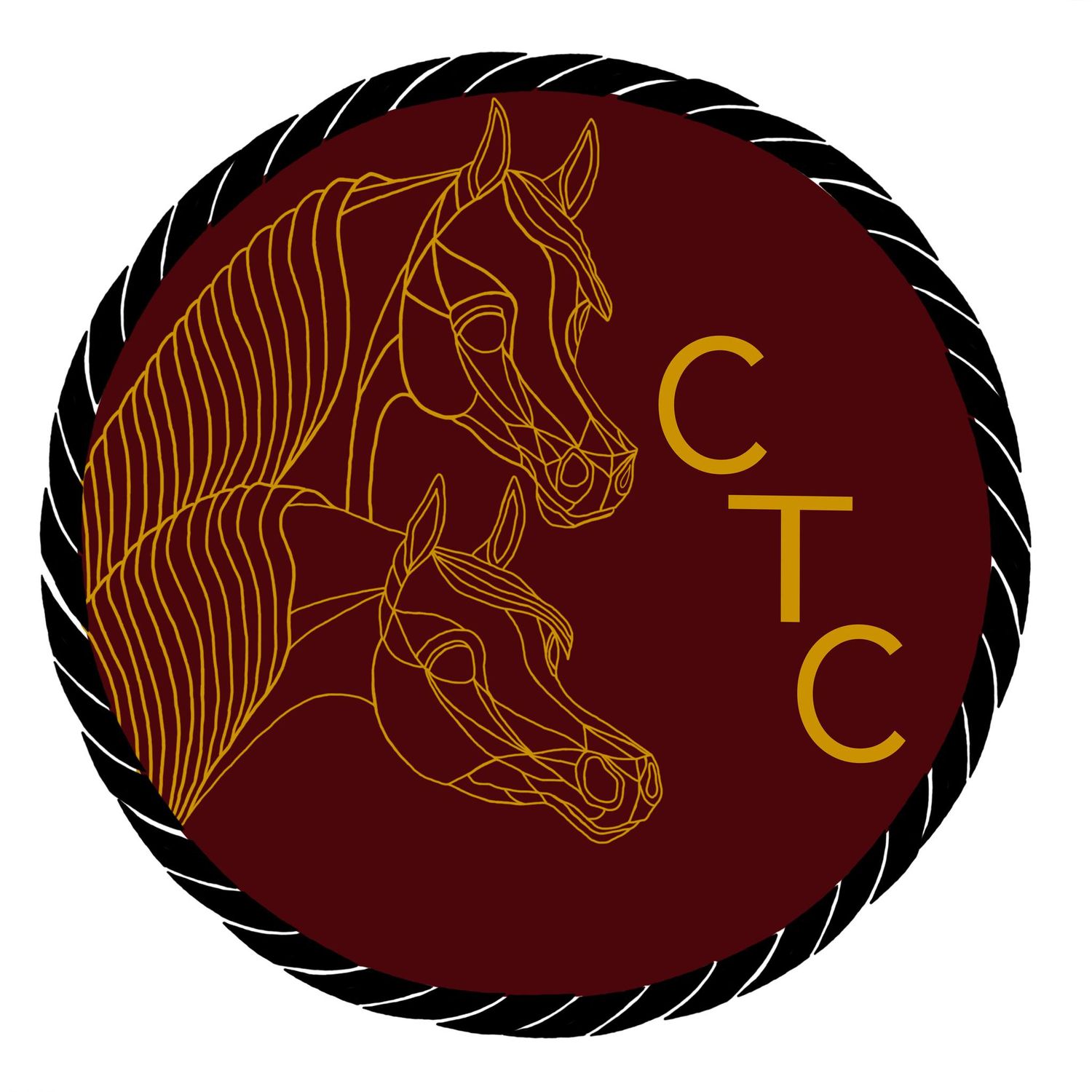 Circular logo design featuring two stylized horse head outlines in gold on a burgundy background with CTC text.