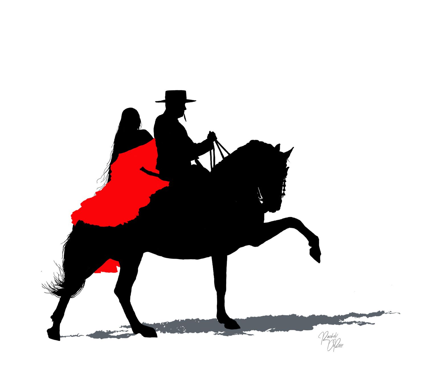 Silhouette sequence of riders on horseback moving across a white background.