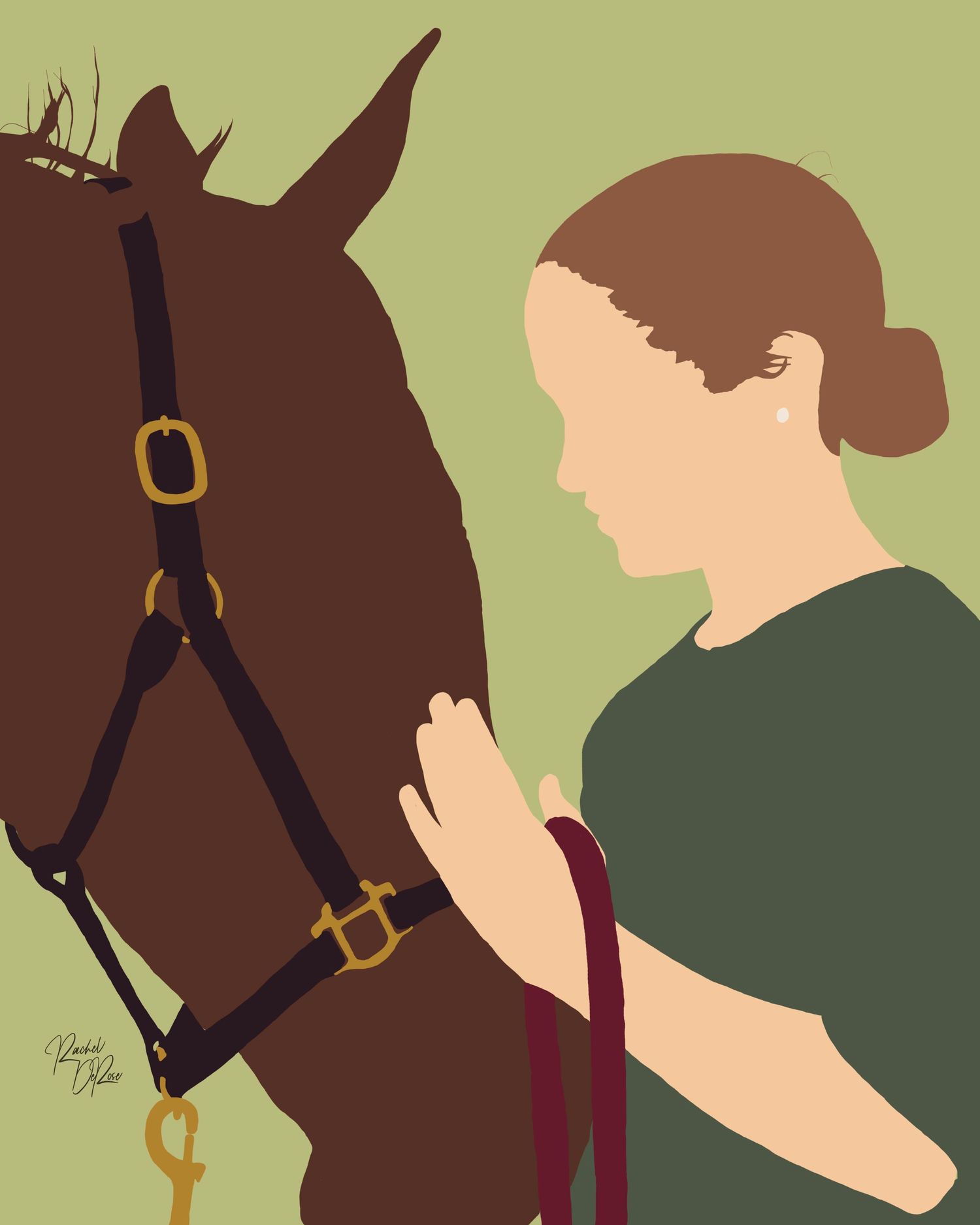 Minimalist illustration of a horse and rider in brown and green tones.