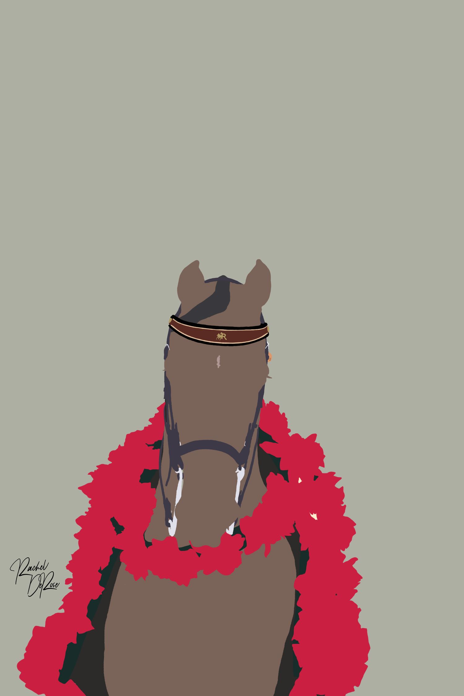 Progressive close-up panels of a brown horse wearing a red flower garland.