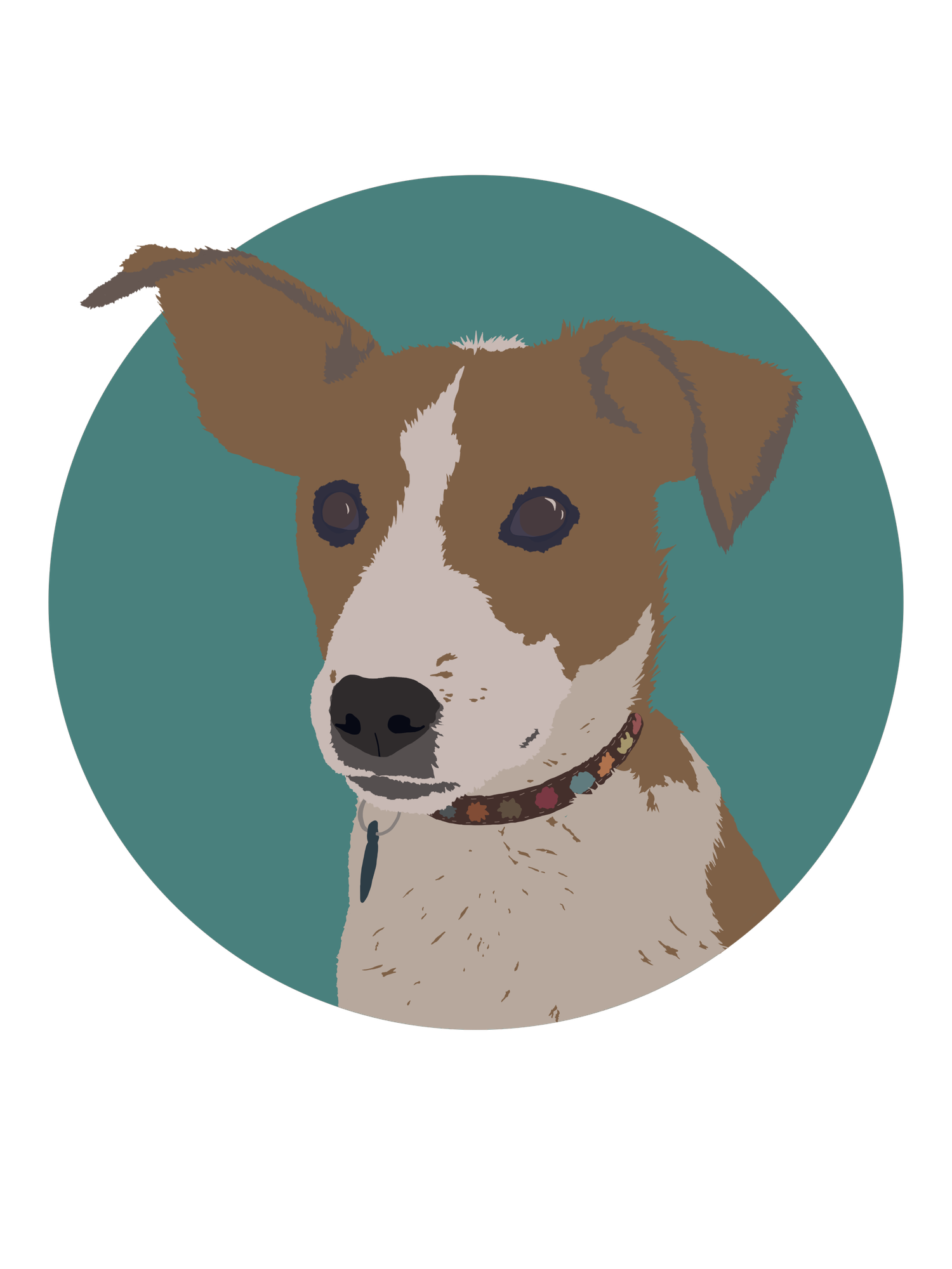 Digital illustration of a Jack Russell terrier with brown and white markings against a teal circular background.