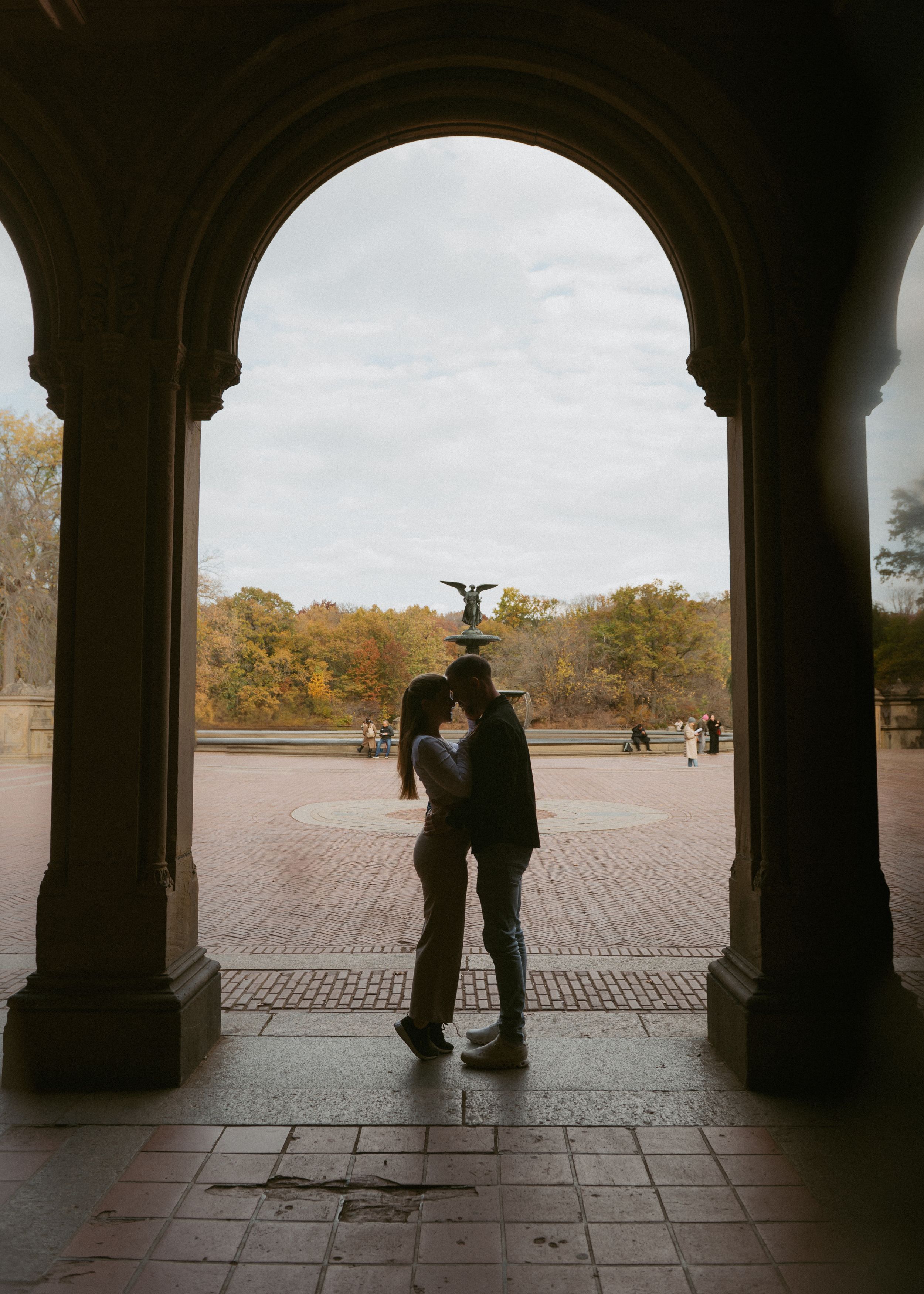 Silhouetted figures stand beneath a grand archway overlooking Bethesda Fountain in Central Park.