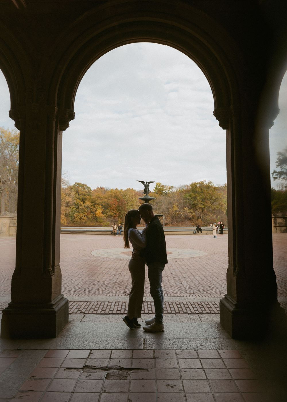 Silhouetted figures stand beneath a grand archway overlooking Bethesda Fountain in Central Park.