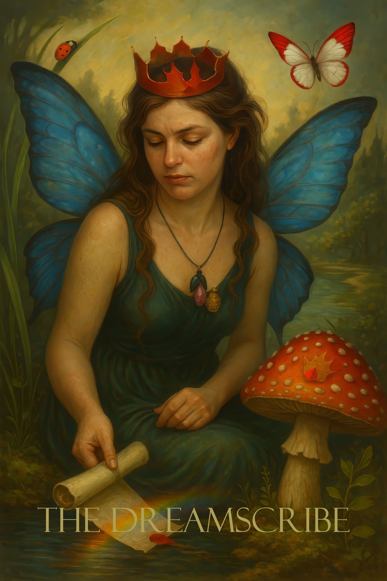 Fantasy illustration shows fairy in dark dress writing with quill beside red mushrooms and white butterfly in dreamy scene.